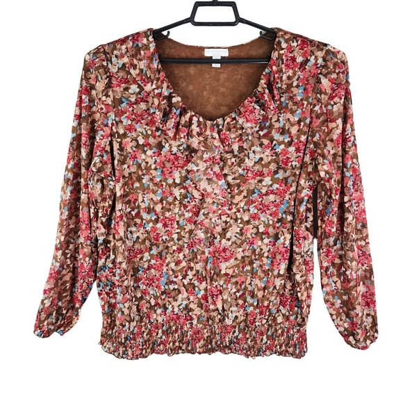 Women's Charter Club Woman Floral Ruffle Blouse Top Brown/Pink/Blue Size 1X - Picture 1 of 9